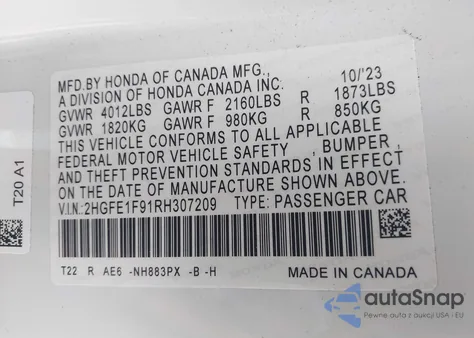 2024 Honda Civic Touring из США, поврежденный, VIN 2HGFE1F91RH307209